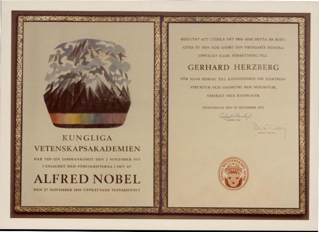 Gerhard Herzberg, prix Nobel, certificat, décembre 1971